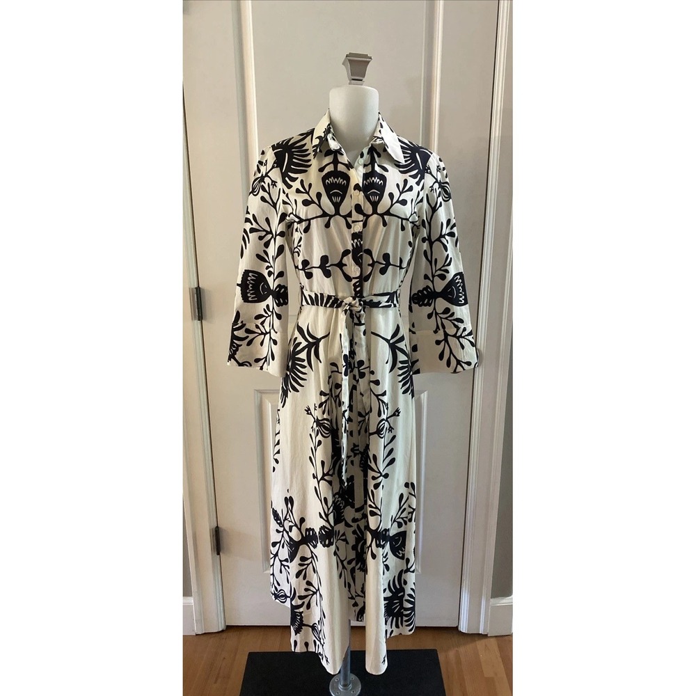Zara Black & White Bold Printed Shirt Dress Size XS Button Midi Belted